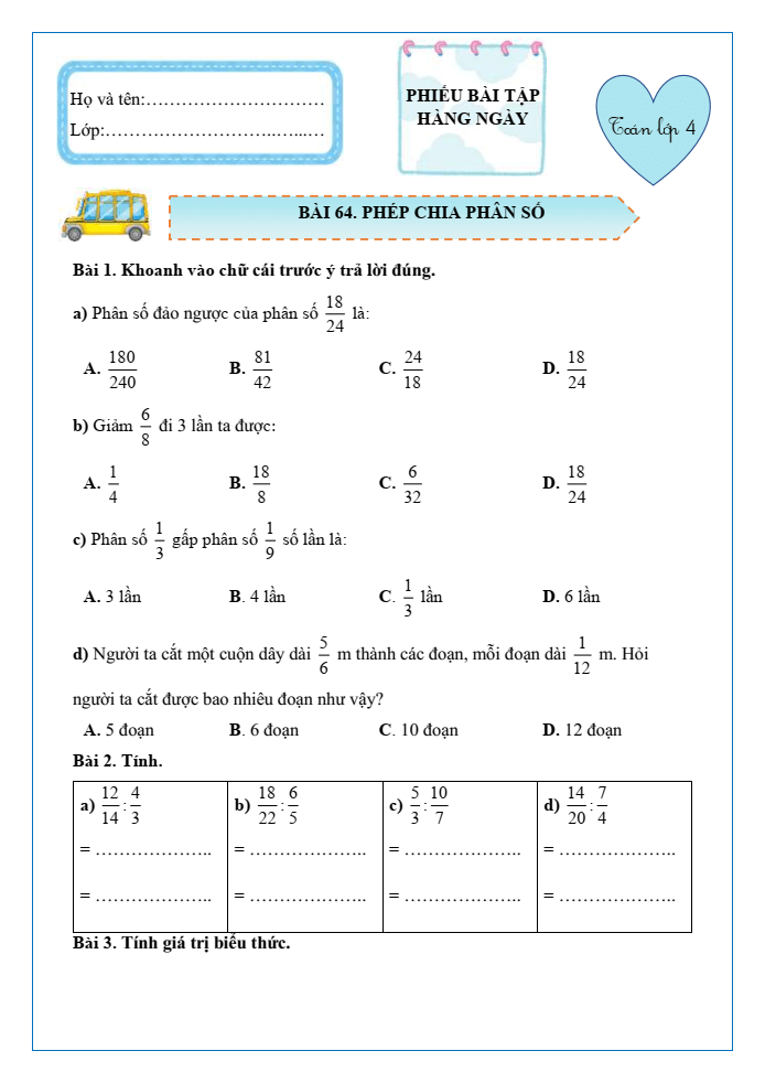 Bài tập hàng ngày Toán lớp 4 Bài 64: Phép chia phân số | Kết nối tri thức