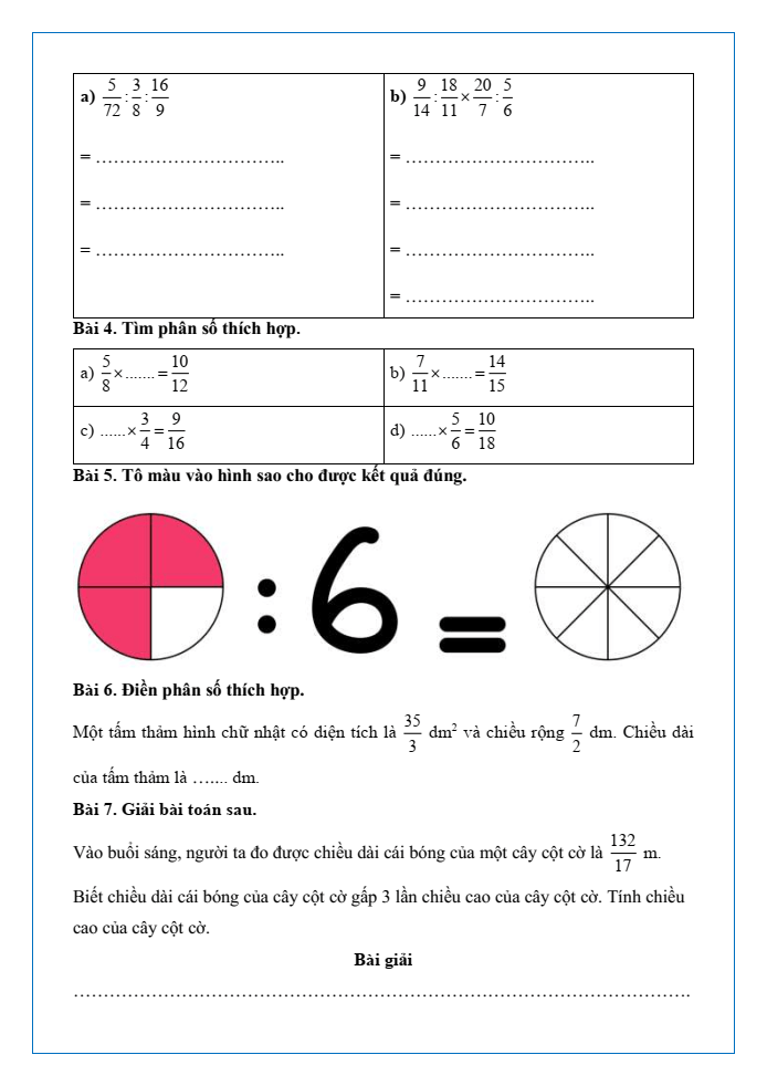 Bài tập hàng ngày Toán lớp 4 Bài 64: Phép chia phân số | Kết nối tri thức