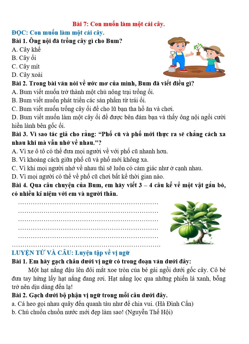 Bài tập hàng ngày Tiếng Việt lớp 4 Bài 7: Con muốn làm một cái cây | Kết nối tri thức