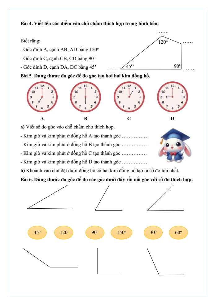Bài tập hàng ngày Toán lớp 4 Bài 7: Đo góc, đơn vị đo góc | Kết nối tri thức