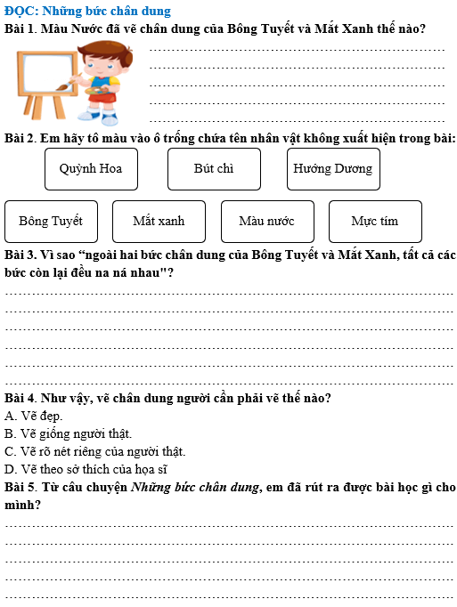 Bài tập hàng ngày Tiếng Việt lớp 4 Bài 7: Những bức chân dung | Kết nối tri thức