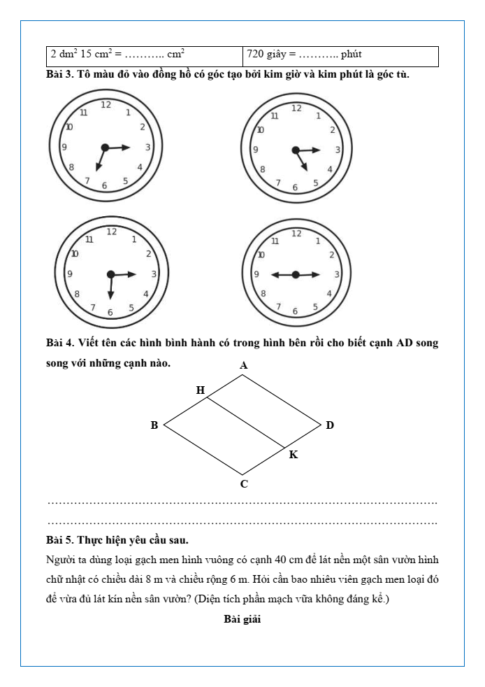 Bài tập hàng ngày Toán lớp 4 Bài 71: Ôn tập hình học và đo lường | Kết nối tri thức