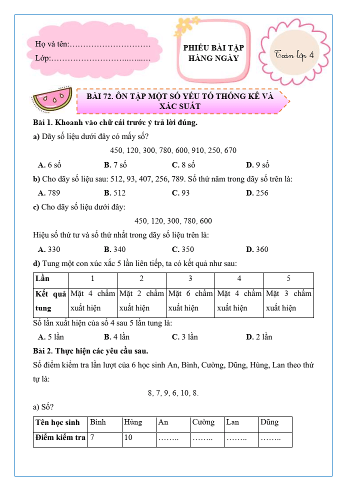 Bài tập hàng ngày Toán lớp 4 Bài 72: Ôn tập một số yếu tố thống kê và xác suất | Kết nối tri thức
