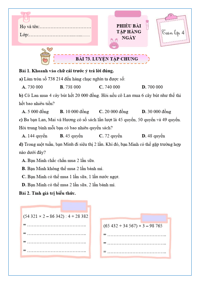 Bài tập hàng ngày Toán lớp 4 Bài 73: Ôn tập chung | Kết nối tri thức