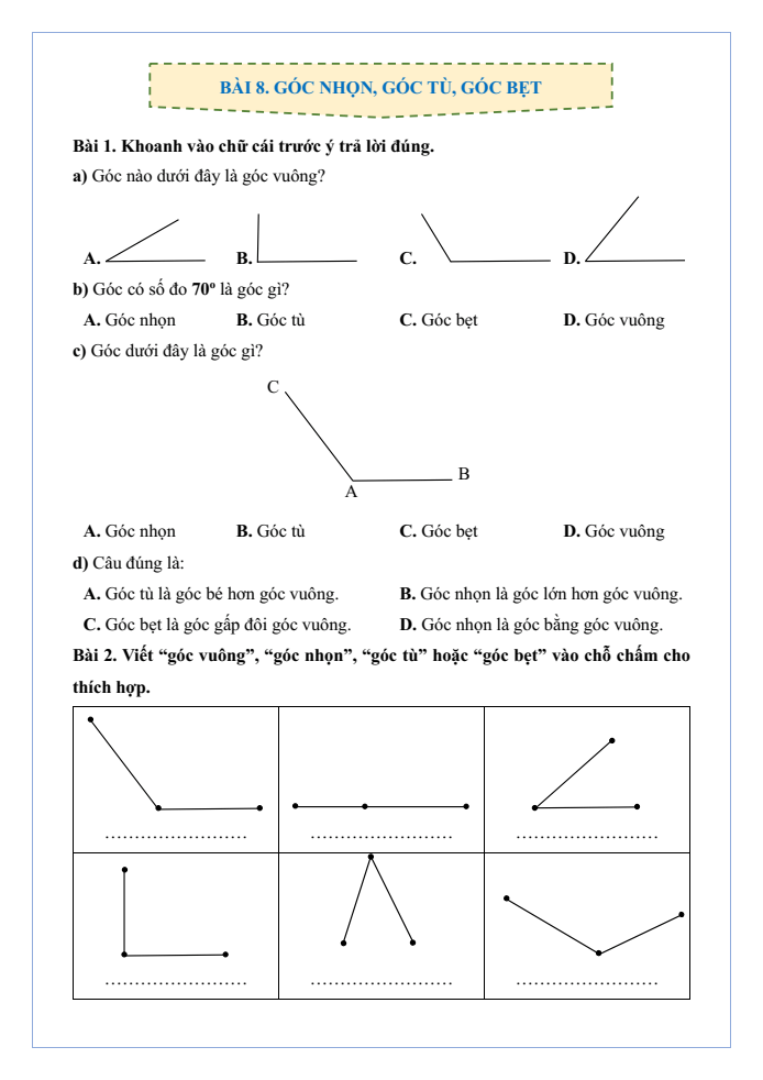 Bài tập hàng ngày Toán lớp 4 Bài 8: Góc nhọn, góc tù, góc bẹt | Kết nối tri thức