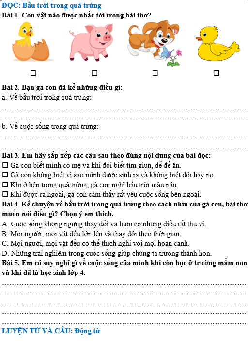 Bài tập hàng ngày Tiếng Việt lớp 4 Bài 9: Bầu trời trong quả trứng | Kết nối tri thức
