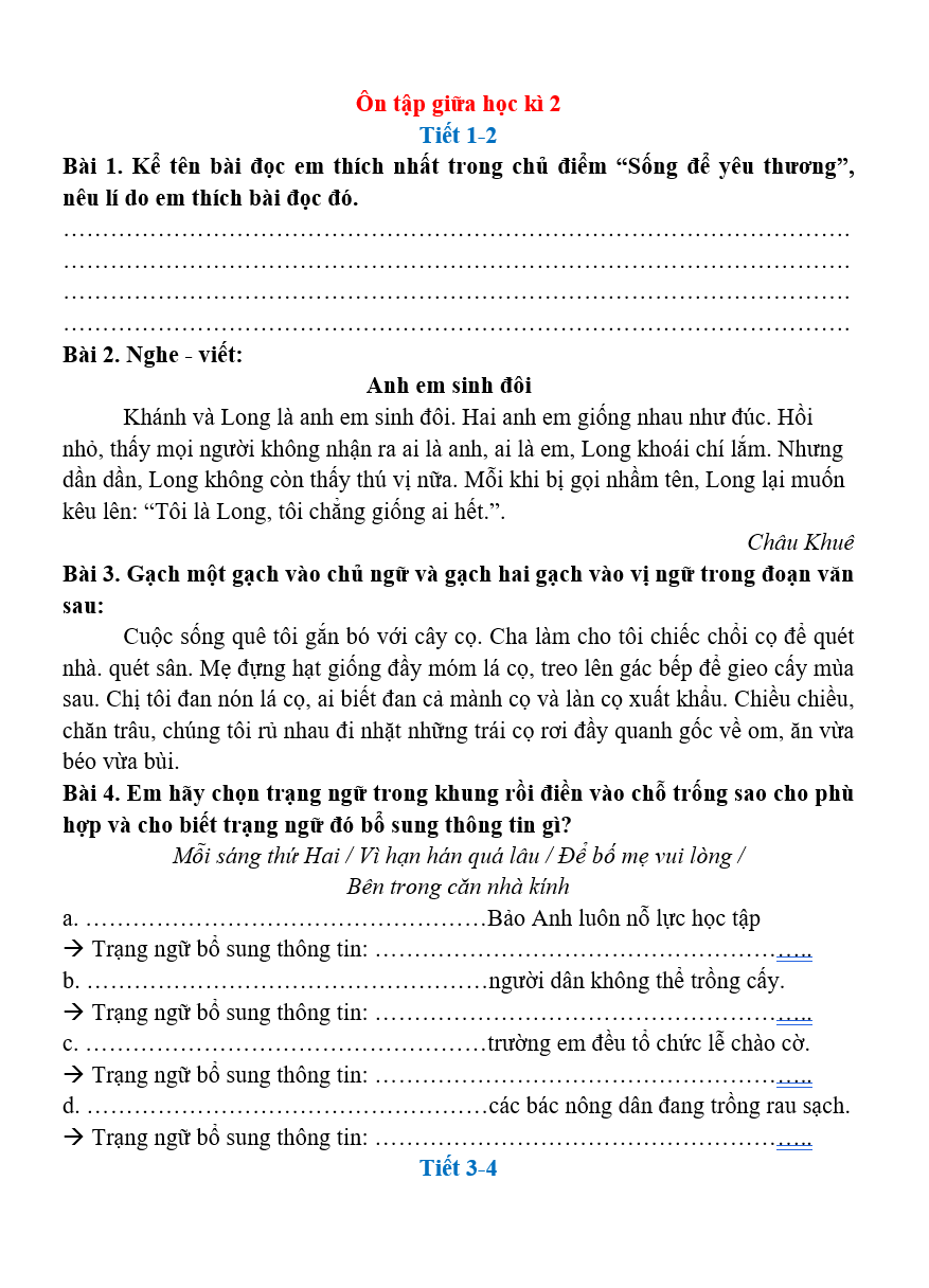 Bài tập hàng ngày Tiếng Việt lớp 4 Ôn tập giữa học kì 2 | Kết nối tri thức