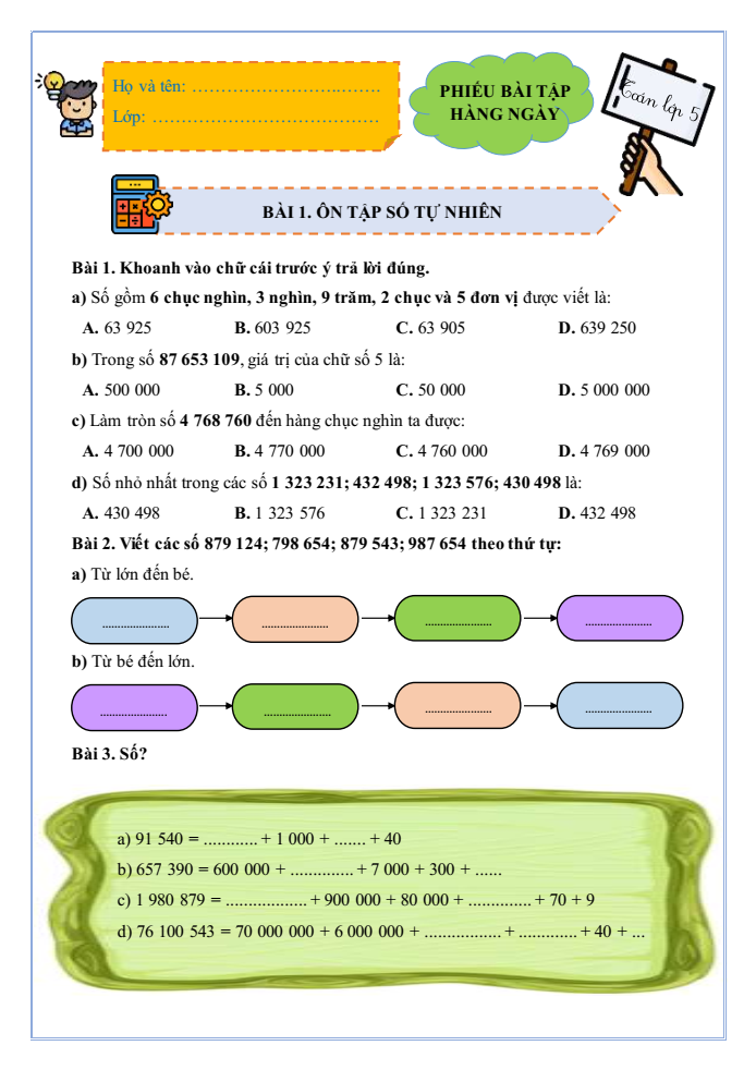 Bài tập hàng ngày Toán lớp 5 Bài 1: Ôn tập số tự nhiên | Kết nối tri thức