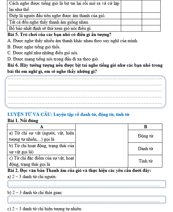 Bài tập hàng ngày Tiếng Việt lớp 5 Bài 1: Thanh âm của gió | Kết nối tri thức