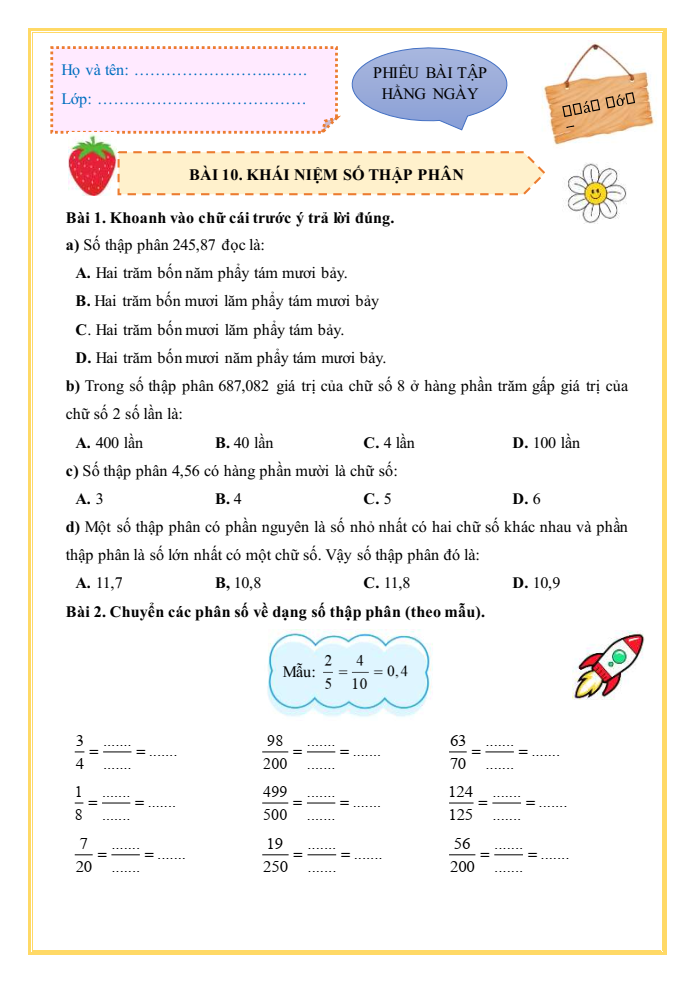 Bài tập hàng ngày Toán lớp 5 Bài 10: Khái niệm số thập phân | Kết nối tri thức