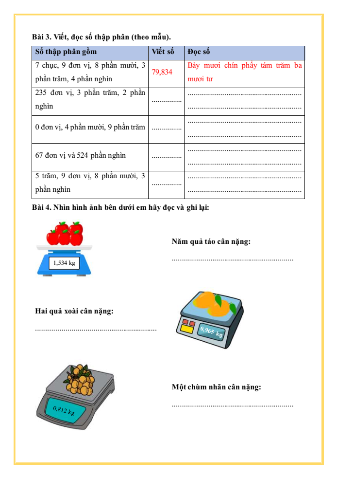 Bài tập hàng ngày Toán lớp 5 Bài 10: Khái niệm số thập phân | Kết nối tri thức
