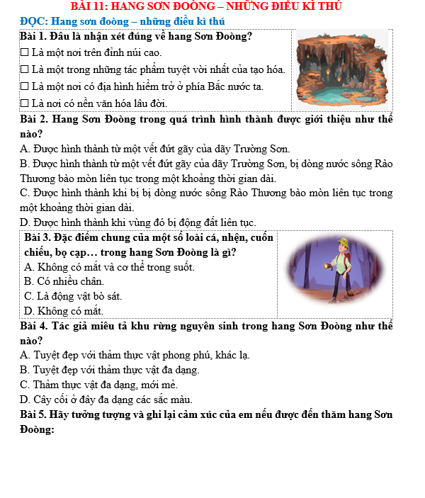 Bài tập hàng ngày Tiếng Việt lớp 5 Bài 11: Hang Sơn Đòong - những điều kì thú | Kết nối tri thức