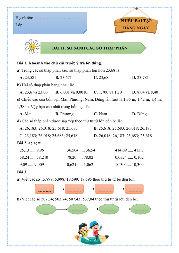 Bài tập hàng ngày Toán lớp 5 Bài 11: So sánh các số thập phân | Kết nối tri thức