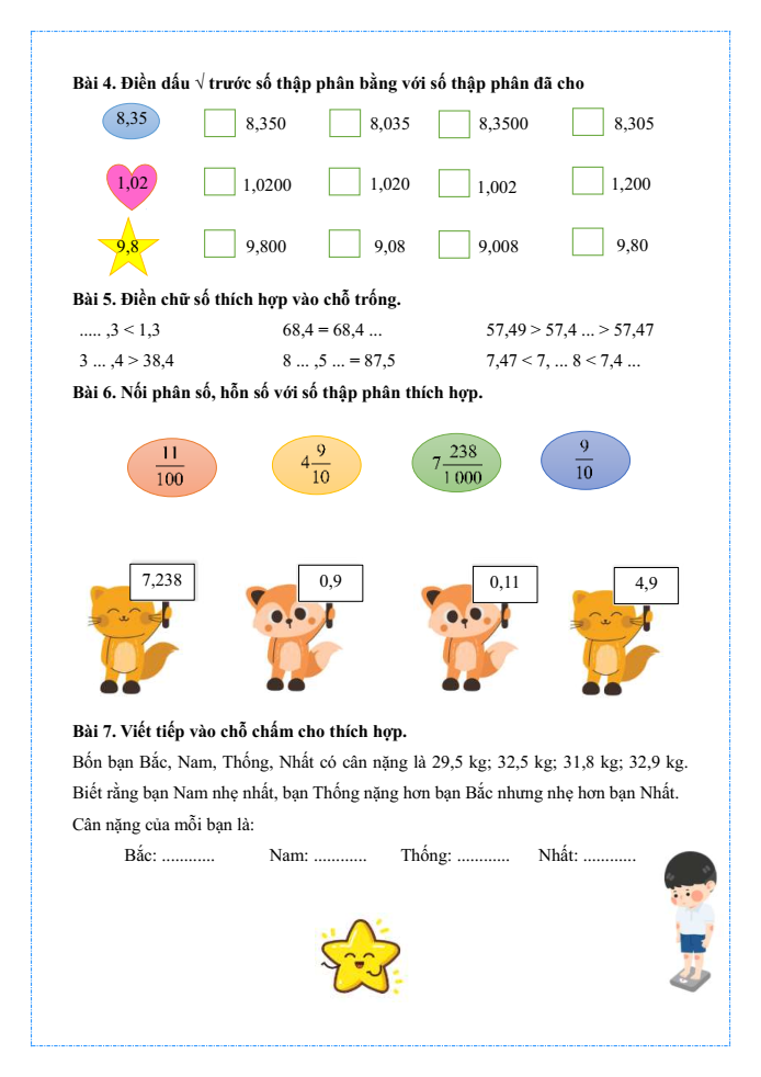 Bài tập hàng ngày Toán lớp 5 Bài 11: So sánh các số thập phân | Kết nối tri thức
