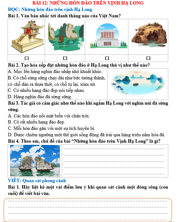 Bài tập hàng ngày Tiếng Việt lớp 5 Bài 12: Những hòn đảo trên vịnh Hạ Long | Kết nối tri thức