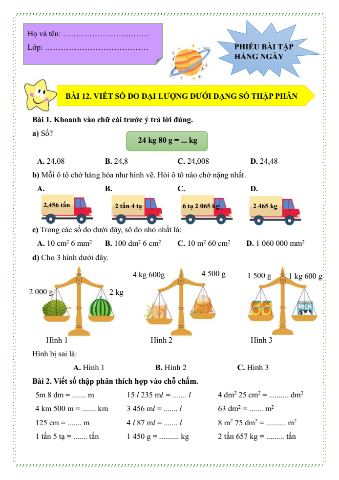 Bài tập hàng ngày Toán lớp 5 Bài 12: Viết số đo đại lượng dưới dạng số thập phân | Kết nối tri thức