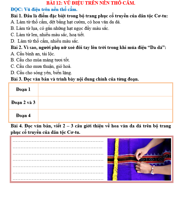 Bài tập hàng ngày Tiếng Việt lớp 5 Bài 12: Vũ điệu trên nền thổ cẩm | Kết nối tri thức