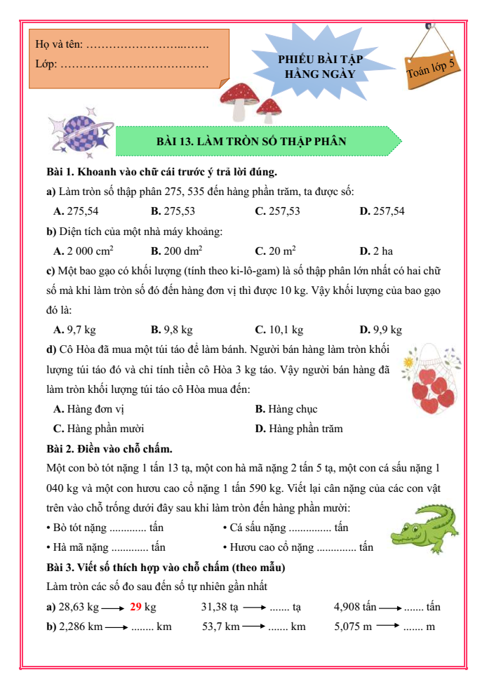 Bài tập hàng ngày Toán lớp 5 Bài 13: Làm tròn số thập phân | Kết nối tri thức