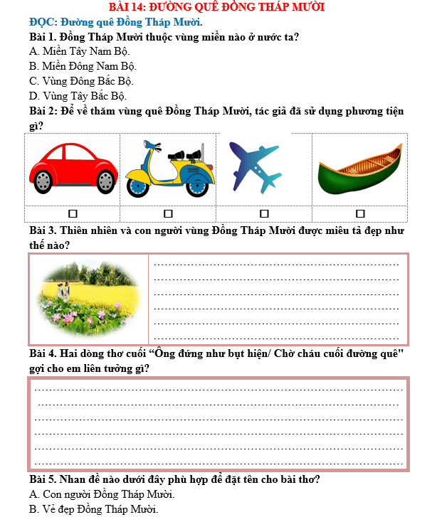 Bài tập hàng ngày Tiếng Việt lớp 5 Bài 14: Đường quê Đồng Tháp Mười | Kết nối tri thức