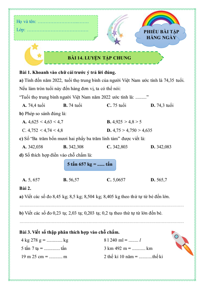 Bài tập hàng ngày Toán lớp 5 Bài 14: Luyện tập chung | Kết nối tri thức