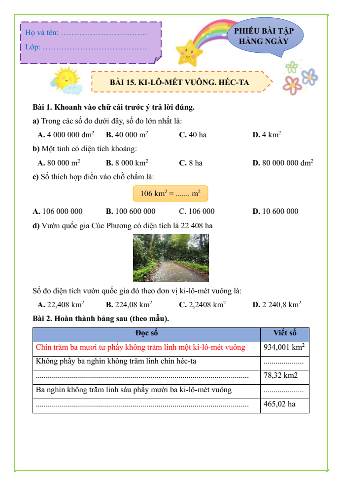 Bài tập hàng ngày Toán lớp 5 Bài 15: Ki-lô-mét vuông. Héc-ta | Kết nối tri thức