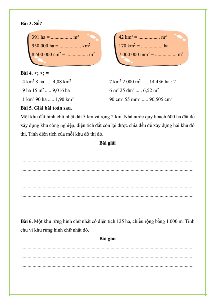 Bài tập hàng ngày Toán lớp 5 Bài 15: Ki-lô-mét vuông. Héc-ta | Kết nối tri thức
