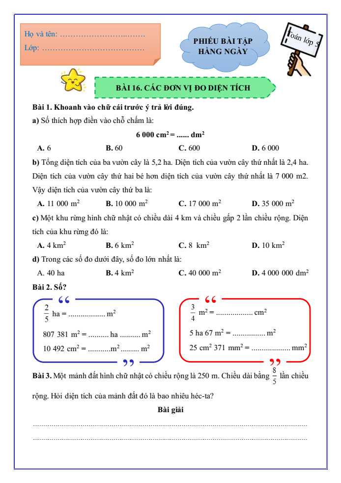 Bài tập hàng ngày Toán lớp 5 Bài 16: Các đơn vị đo diện tích | Kết nối tri thức