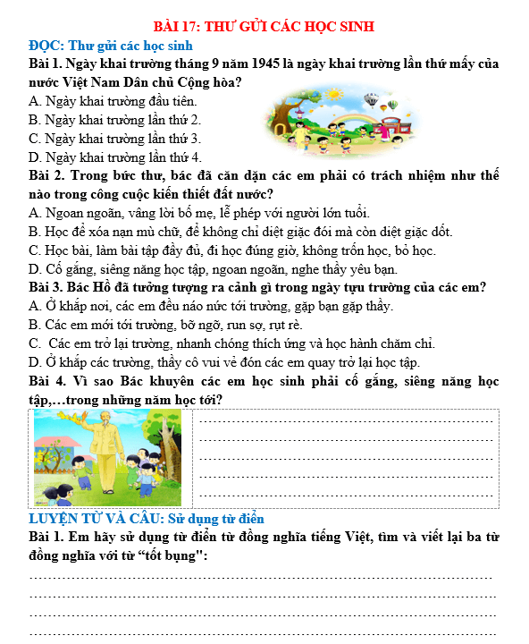 Bài tập hàng ngày Tiếng Việt lớp 5 Bài 17: Thư gửi các học sinh | Kết nối tri thức