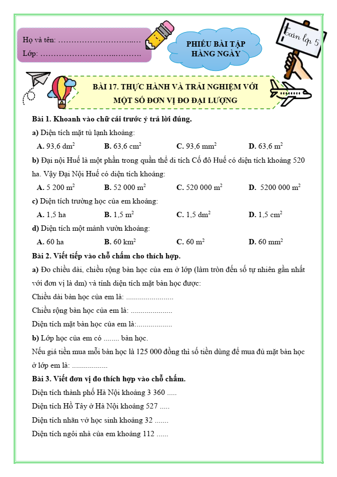 Bài tập hàng ngày Toán lớp 5 Bài 17: Thực hành và trải nghiệm với một số đơn vị đo đại lượng | Kết nối tri thức