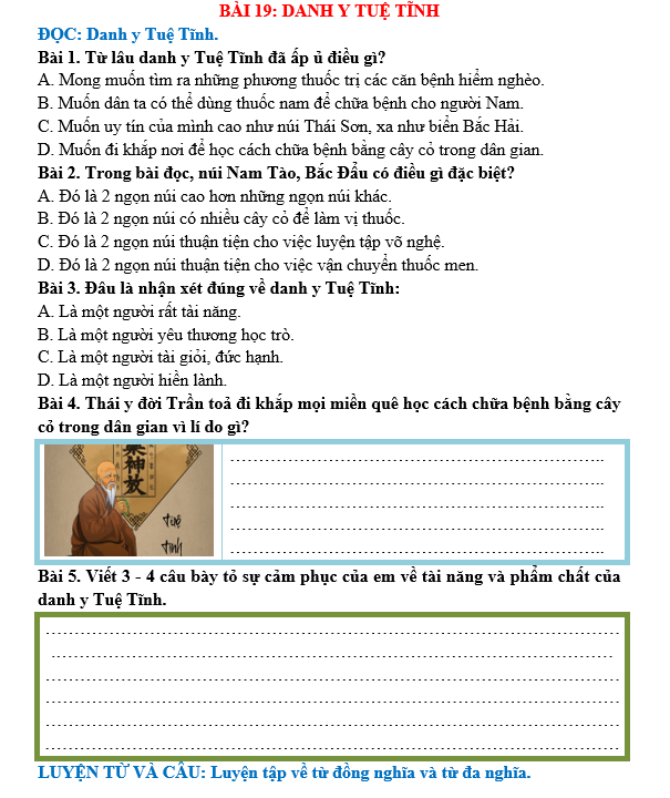Bài tập hàng ngày Tiếng Việt lớp 5 Bài 19: Danh y Tuệ Tĩnh | Kết nối tri thức