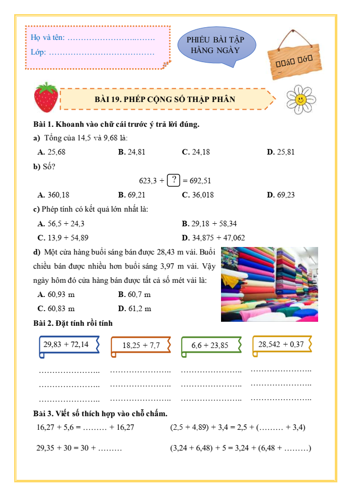 Bài tập hàng ngày Toán lớp 5 Bài 19: Phép cộng số thập phân | Kết nối tri thức