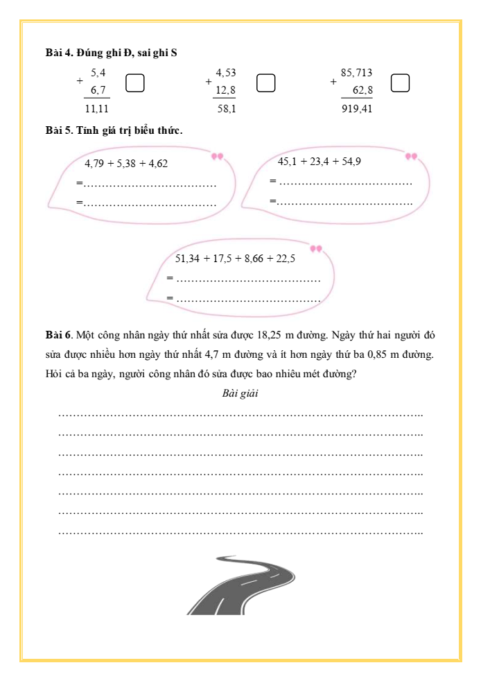 Bài tập hàng ngày Toán lớp 5 Bài 19: Phép cộng số thập phân | Kết nối tri thức