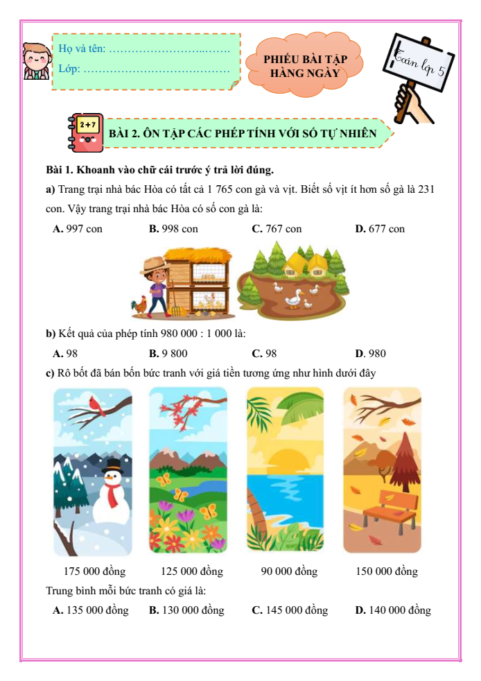 Bài tập hàng ngày Toán lớp 5 Bài 2: Ôn tập các phép tính với số tự nhiên | Kết nối tri thức