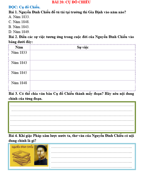 Bài tập hàng ngày Tiếng Việt lớp 5 Bài 20: Cụ Đồ Chiểu | Kết nối tri thức