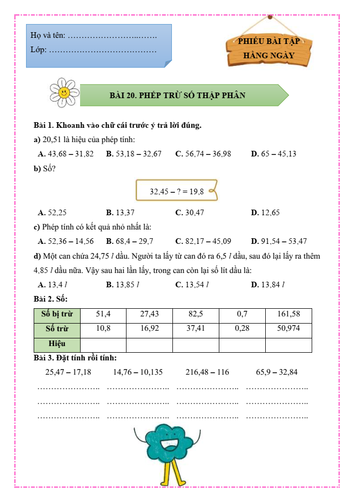 Bài tập hàng ngày Toán lớp 5 Bài 20: Phép trừ số thập phân | Kết nối tri thức