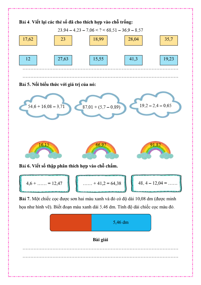 Bài tập hàng ngày Toán lớp 5 Bài 20: Phép trừ số thập phân | Kết nối tri thức