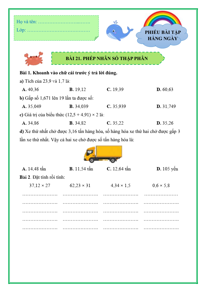 Bài tập hàng ngày Toán lớp 5 Bài 21: Phép nhân số thập phân | Kết nối tri thức
