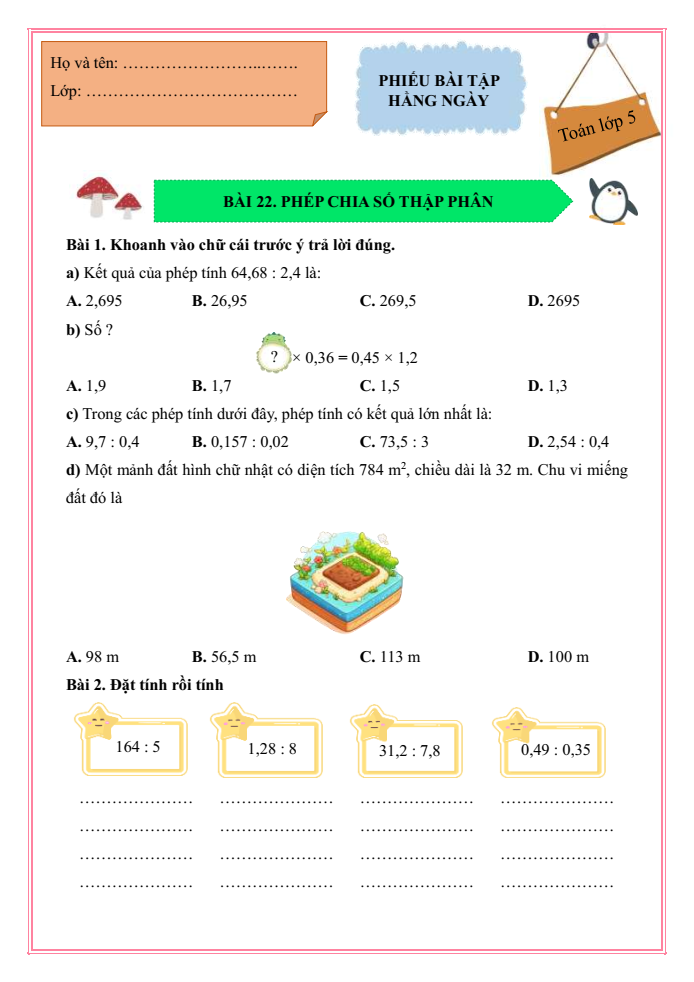 Bài tập hàng ngày Toán lớp 5 Bài 22: Phép chia số thập phân | Kết nối tri thức