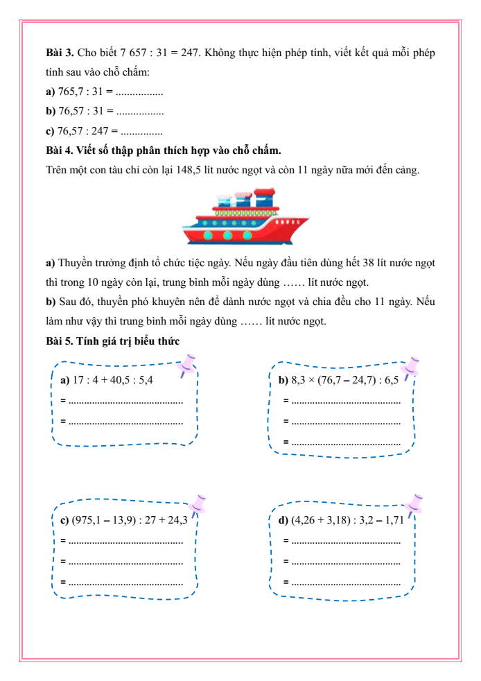Bài tập hàng ngày Toán lớp 5 Bài 22: Phép chia số thập phân | Kết nối tri thức