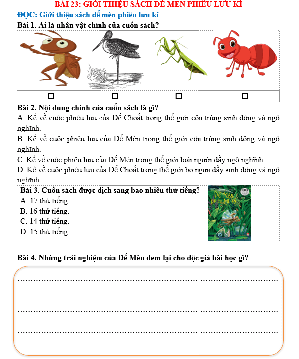 Bài tập hàng ngày Tiếng Việt lớp 5 Bài 23: Giới thiệu sách Dế mèn phiêu lưu kí | Kết nối tri thức