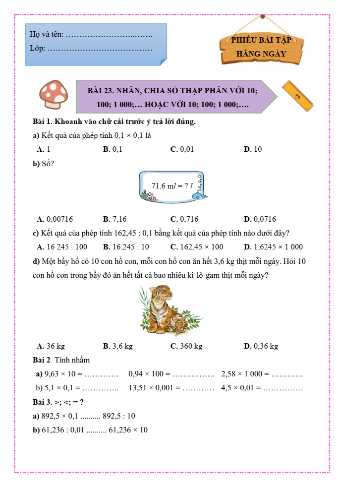 Bài tập hàng ngày Toán lớp 5 Bài 23: Nhân, chia số thập phân với 10; 100; 1000;... hoặc với 0,1; 0,01; 0,001; ... | Kết nối tri thức