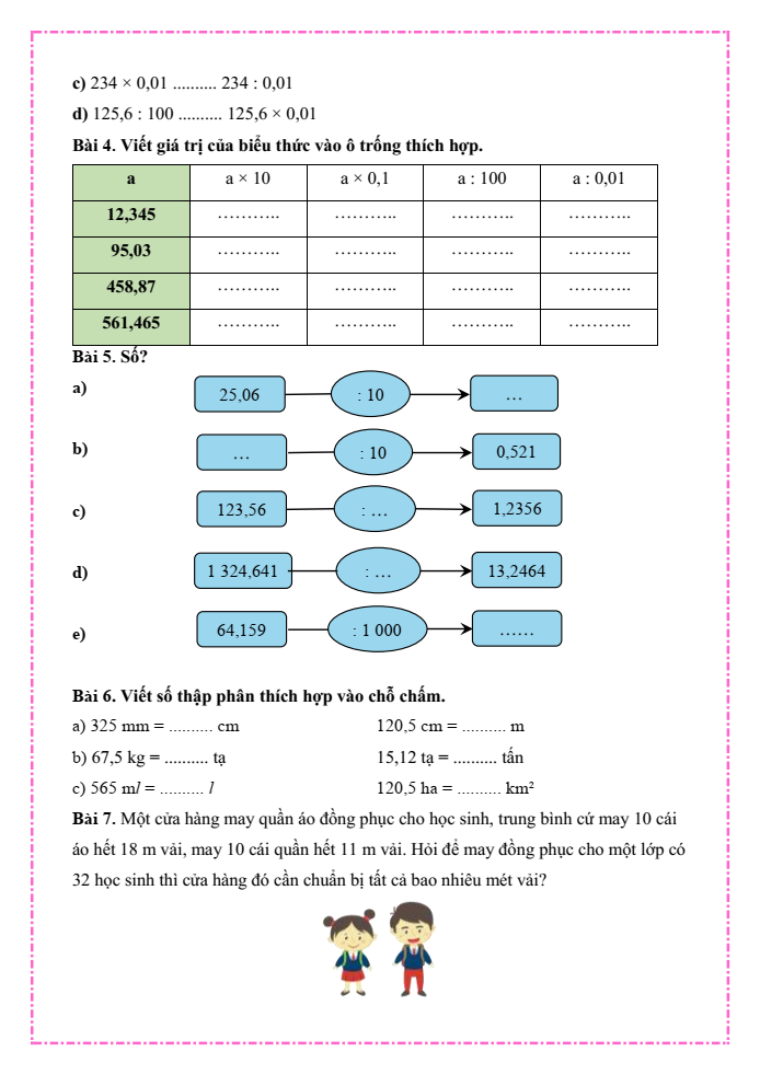 Bài tập hàng ngày Toán lớp 5 Bài 23: Nhân, chia số thập phân với 10; 100; 1000;... hoặc với 0,1; 0,01; 0,001; ... | Kết nối tri thức