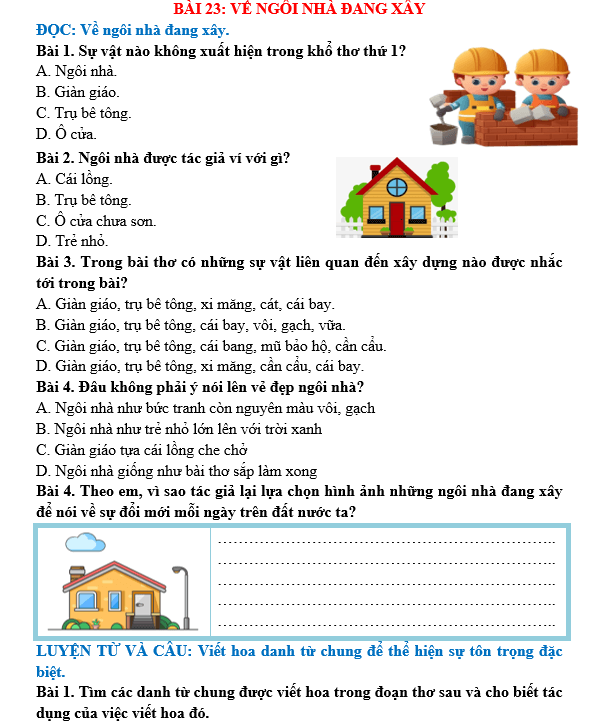 Bài tập hàng ngày Tiếng Việt lớp 5 Bài 23: Về ngôi nhà đang xây | Kết nối tri thức