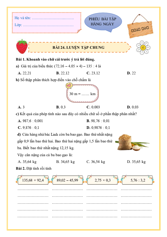 Bài tập hàng ngày Toán lớp 5 Bài 24: Luyện tập chung | Kết nối tri thức