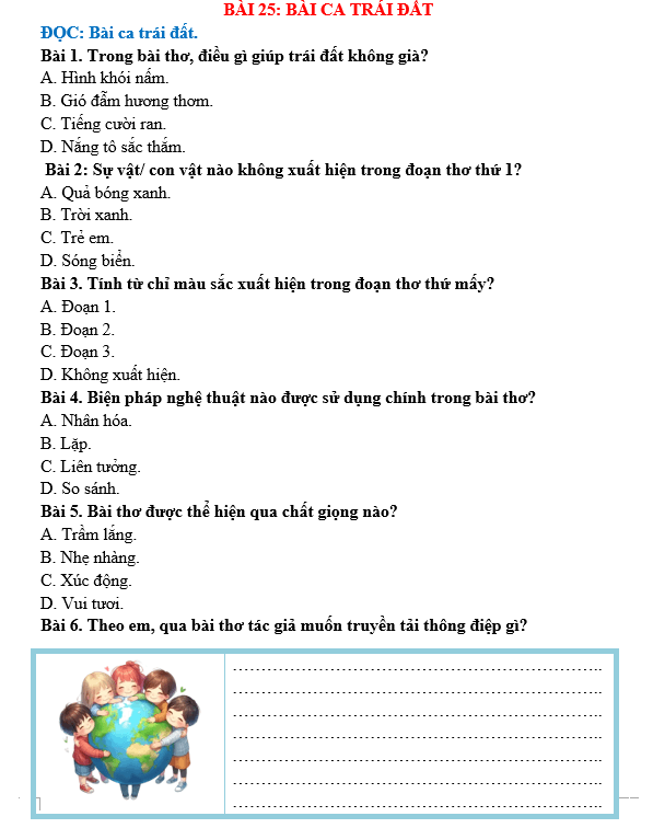 Bài tập hàng ngày Tiếng Việt lớp 5 Bài 25: Bài ca trái đất | Kết nối tri thức