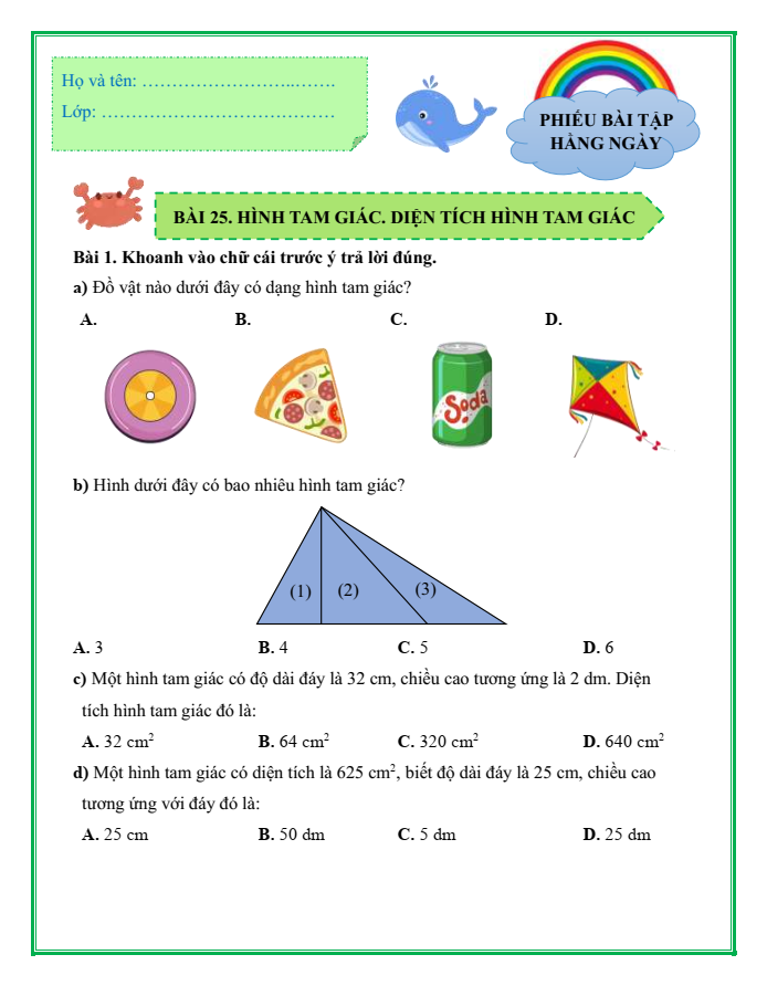 Bài tập hàng ngày Toán lớp 5 Bài 25: Hình tam giác. Diện tích hình tam giác | Kết nối tri thức