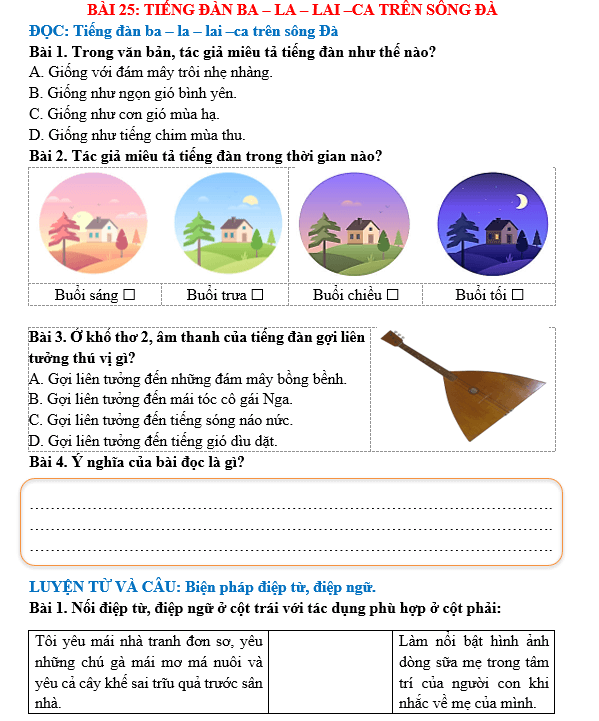 Bài tập hàng ngày Tiếng Việt lớp 5 Bài 25: Tiếng đàn ba-la-lai-ca trên sông Đà | Kết nối tri thức