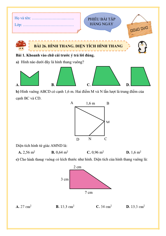 Bài tập hàng ngày Toán lớp 5 Bài 26: Hình thang. Diện tích hình thang | Kết nối tri thức