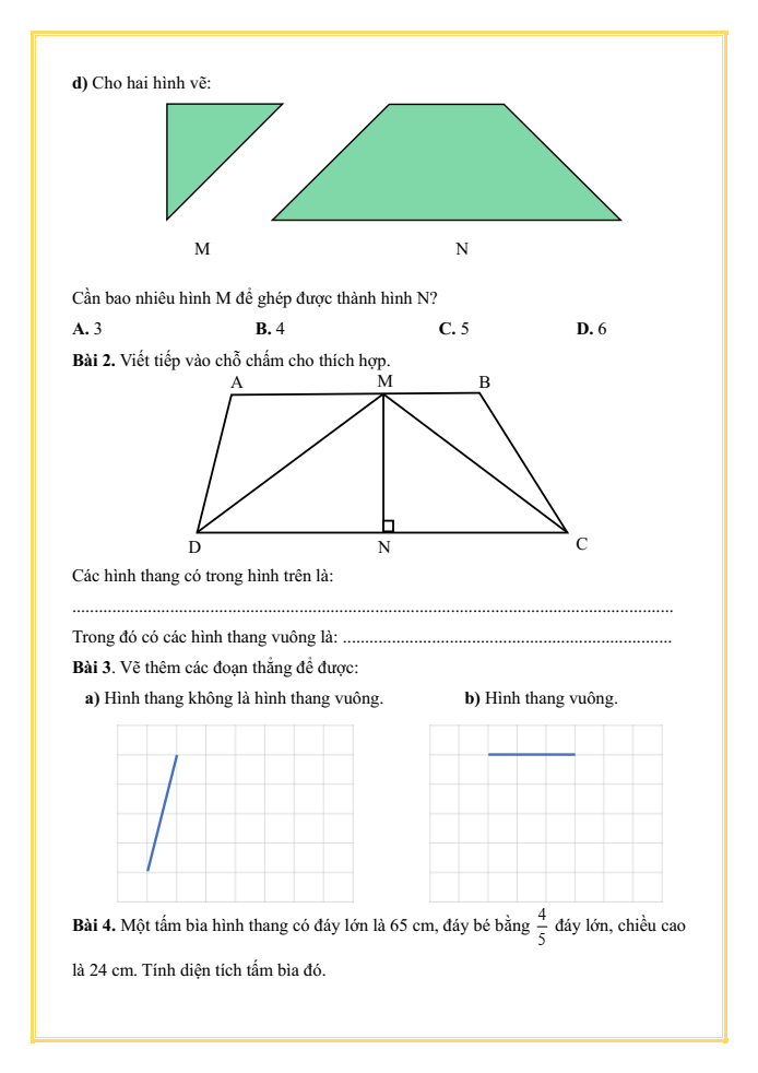 Bài tập hàng ngày Toán lớp 5 Bài 26: Hình thang. Diện tích hình thang | Kết nối tri thức