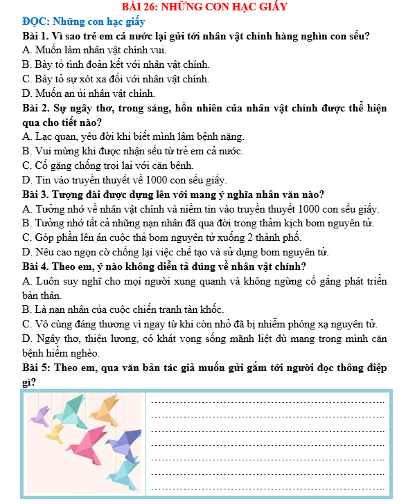 Bài tập hàng ngày Tiếng Việt lớp 5 Bài 26: Những con hạc giấy | Kết nối tri thức